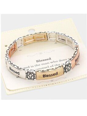 Two Tone Silver & Gold Stretch Bangle Bracelet BLESSED Inspirational Gift New